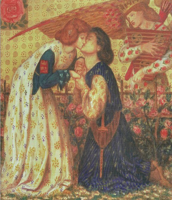 A man kneels and a woman, his muse, kisses him as an angelic musician looks on
