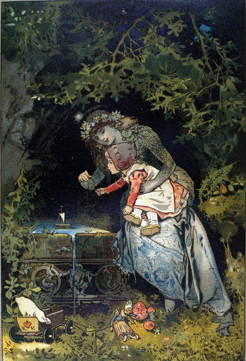A fairy mother holds a human child in a dark garden