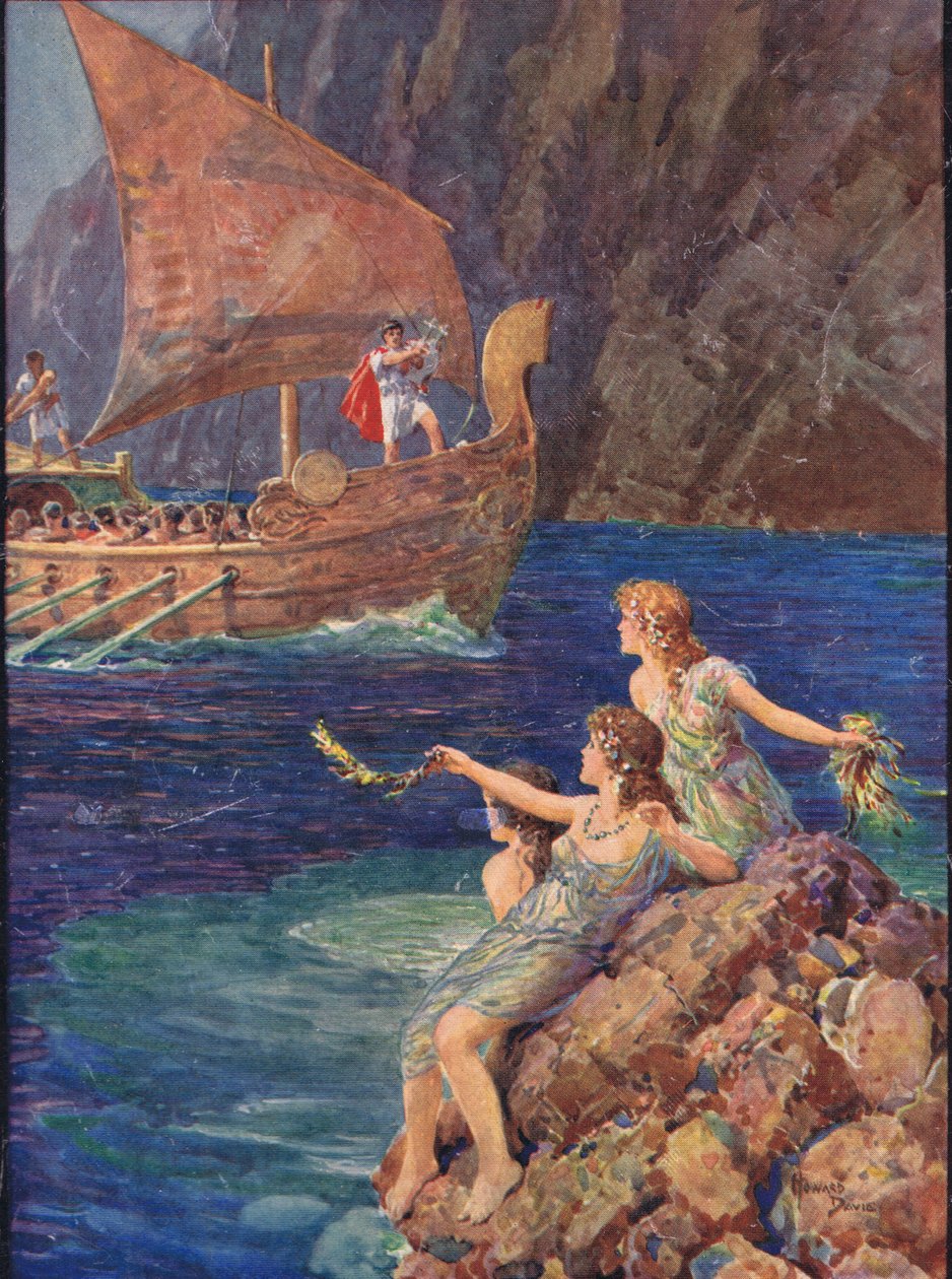 Water nymphs are seated on a rock, calling to the 'Argo' ship
