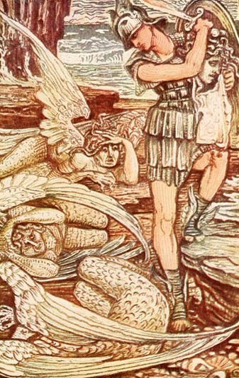 Man in ancient Greek dress holds the snake-covered head of a Gorgon.